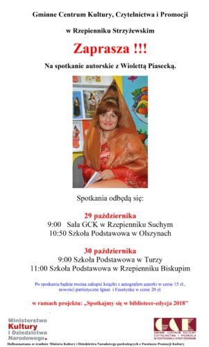 Plakat promujący spotkanie autorskie z Wiolettą Piasecką