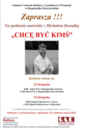 Plakat promujący spotkanie z Michałem Zawadką