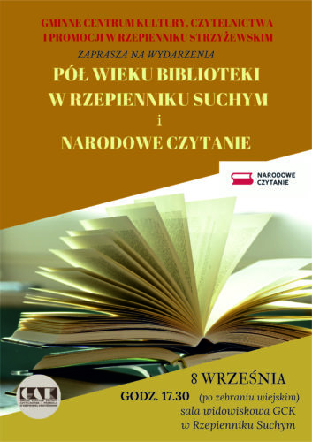 Plakat promujący Narodowe Czytanie oraz jubileusz biblioteki w Rzepiennik Suchym