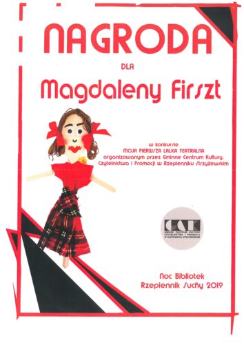 Dyplom dla Magdaleny Firszt z konkursu moja pierwsza lalka teatralna