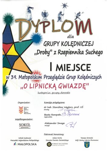 Dyplom dla Drobów za zajęcie I Miejsca w Przeglądzie Grup Kolędniczych w Lipnicy