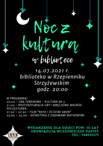 Plakat promujący noc z kulturą w bibliotece